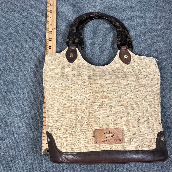Elaine Turner Woven Straw Leather Handbag Brown Tortoise Handle - Picture 8 of 8